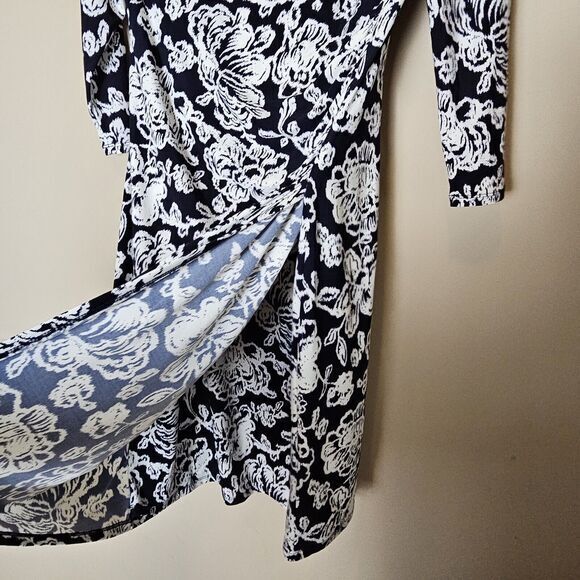 Lauren Ralph Lauren Size 10‎ Black & White Floral Long Sleeve Midi Wrap Dress - Picture 3 of 12